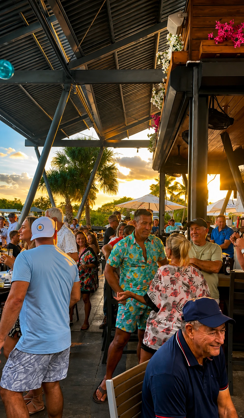 Outdoor bar seating and sunset views at Celebration Park Naples